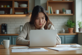 Jeune étudiante concentrée à son bureau avec papiers et ordinateur