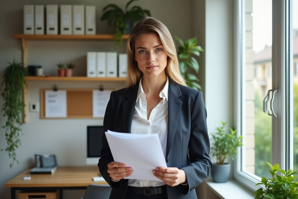 Jeune femme française vérifie un contrat de location dans son bureau