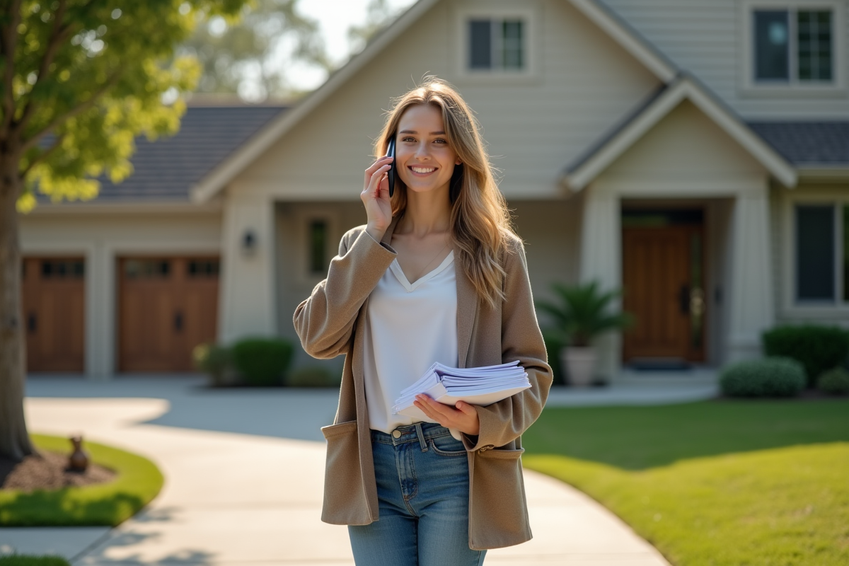 Jeune femme parle au téléphone devant une maison de banlieue