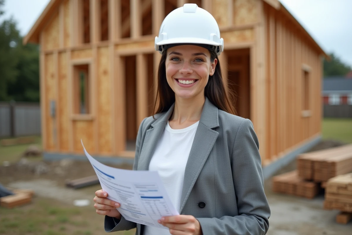Jeune femme ingénieur tenant une tablette sur un chantier en bois