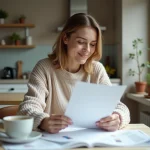 Jeune femme lisant un document d'assurance dans sa cuisine
