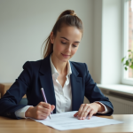 Jeune femme lisant des papiers dans un appartement
