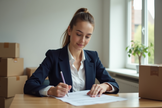 Jeune femme lisant des papiers dans un appartement