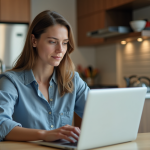 Jeune femme en tenue décontractée examine des annonces de location dans un appartement moderne