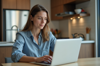 Jeune femme en tenue décontractée examine des annonces de location dans un appartement moderne