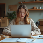 Jeune femme concentrée sur son ordinateur dans un appartement en déménagement