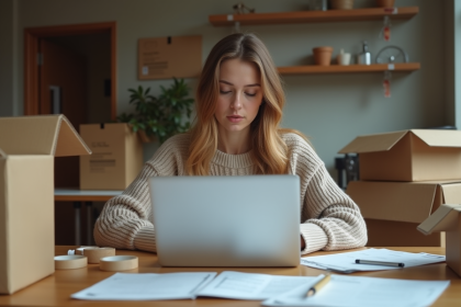 Jeune femme concentrée sur son ordinateur dans un appartement en déménagement
