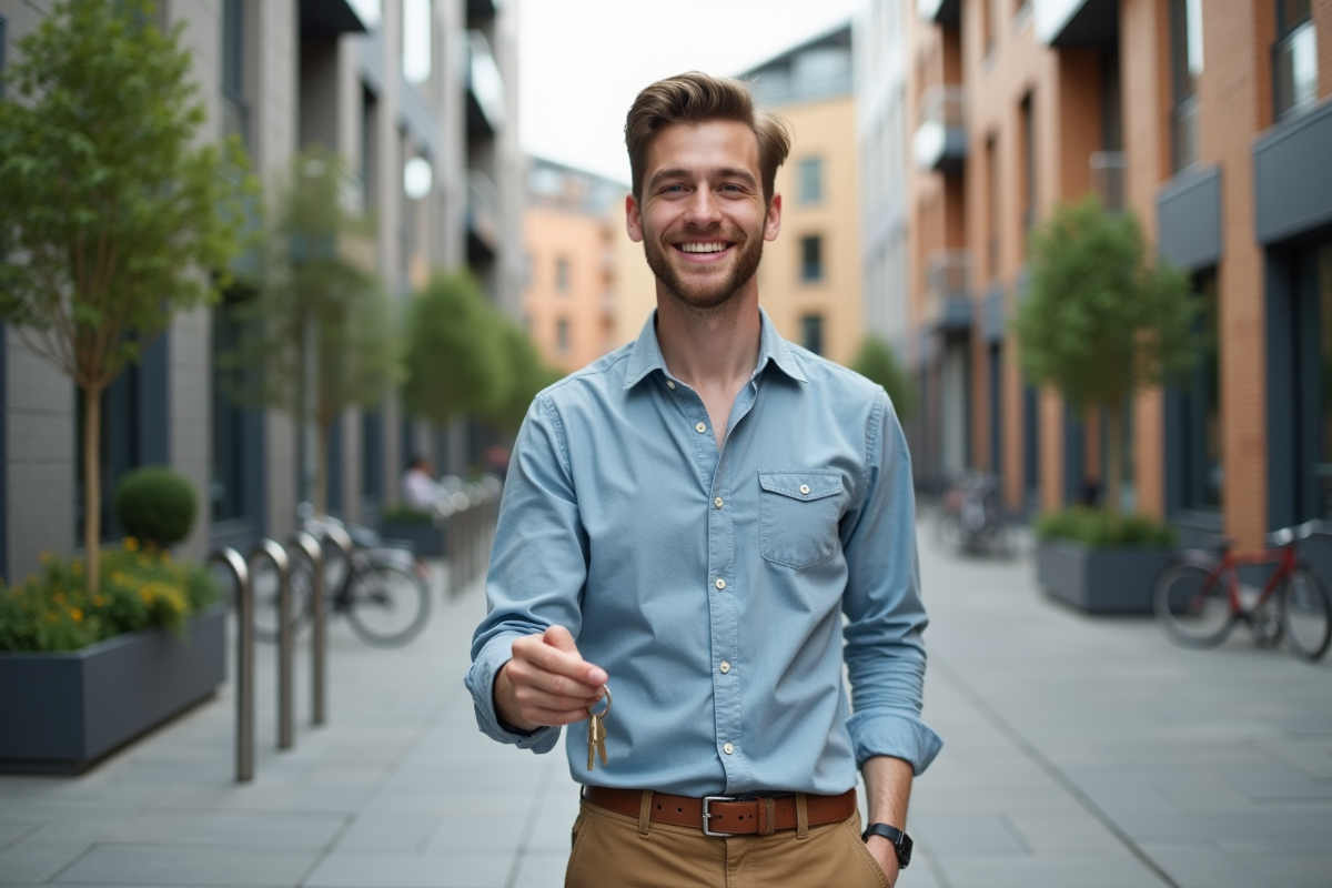 Jeune homme avec clés devant son studio étudiant