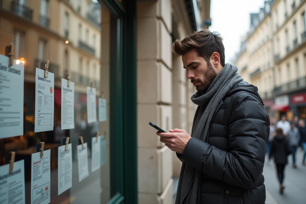Jeune homme regardant son smartphone devant une agence immobiliere