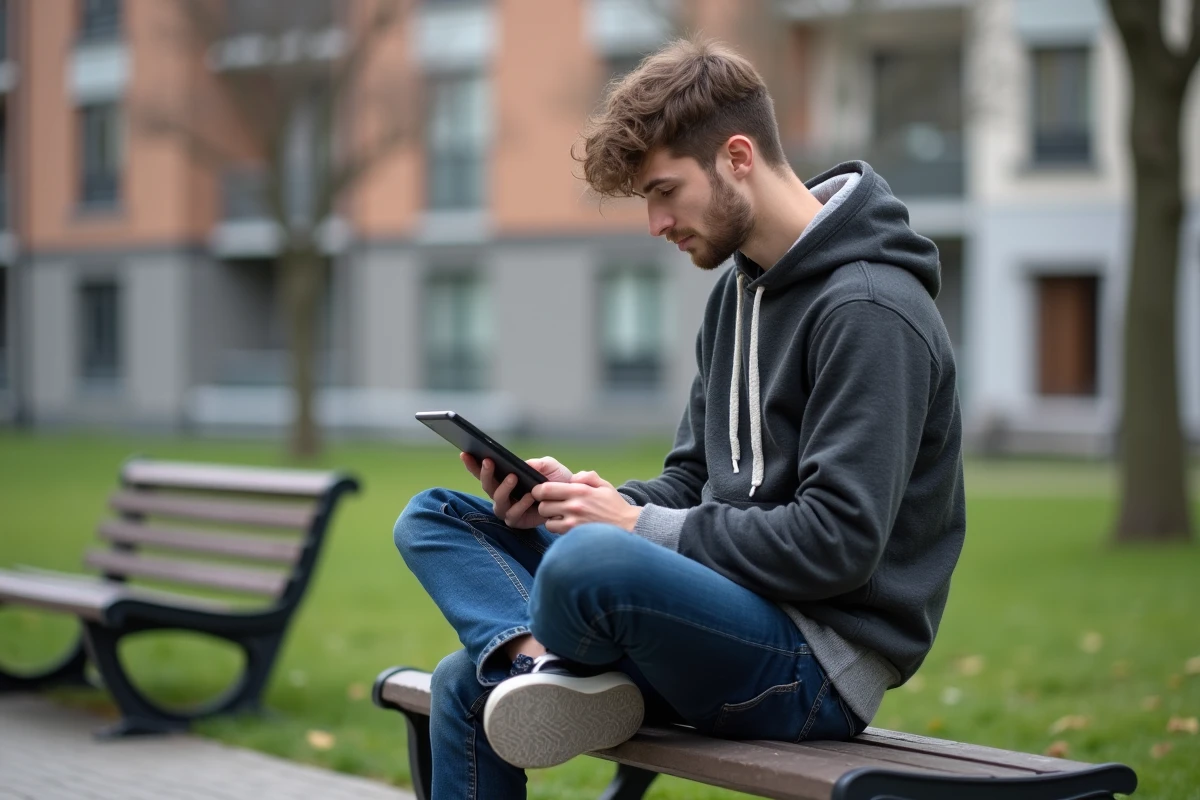 Jeune homme utilisant une plateforme de logement social en extérieur