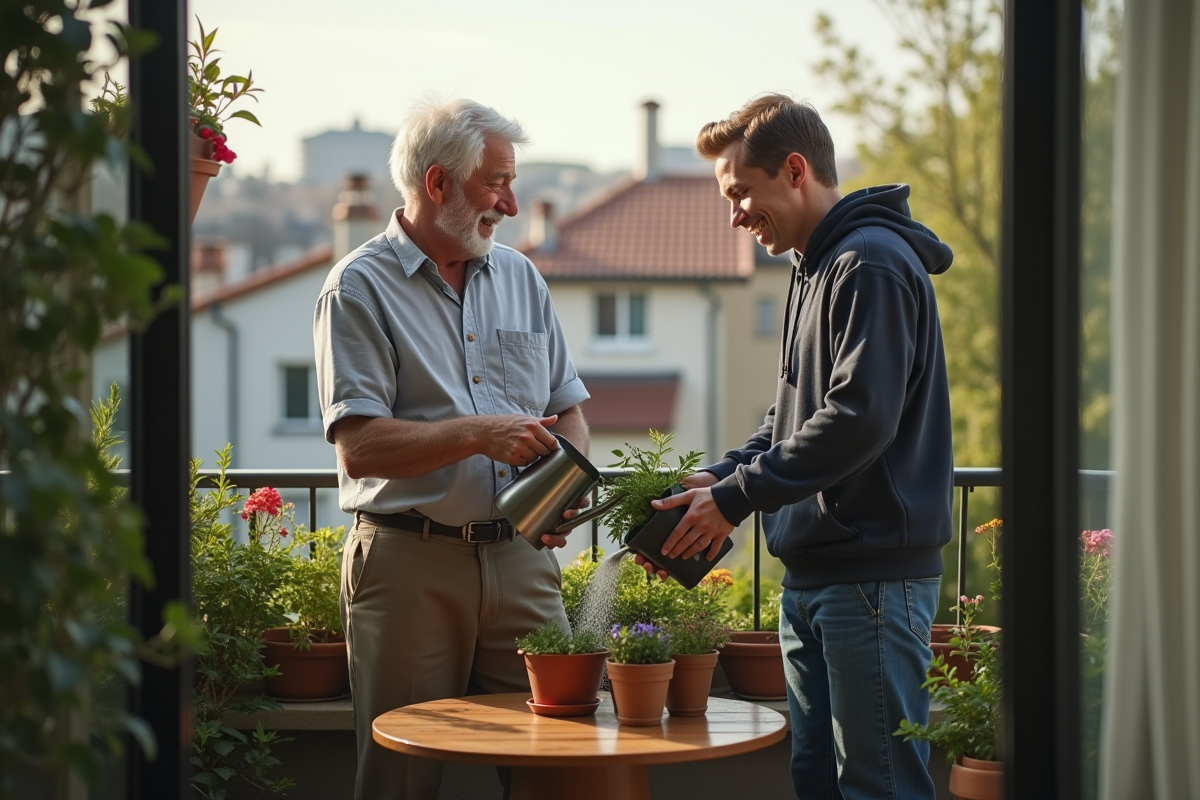 Jeunes arrosant des plantes sur un balcon en ville