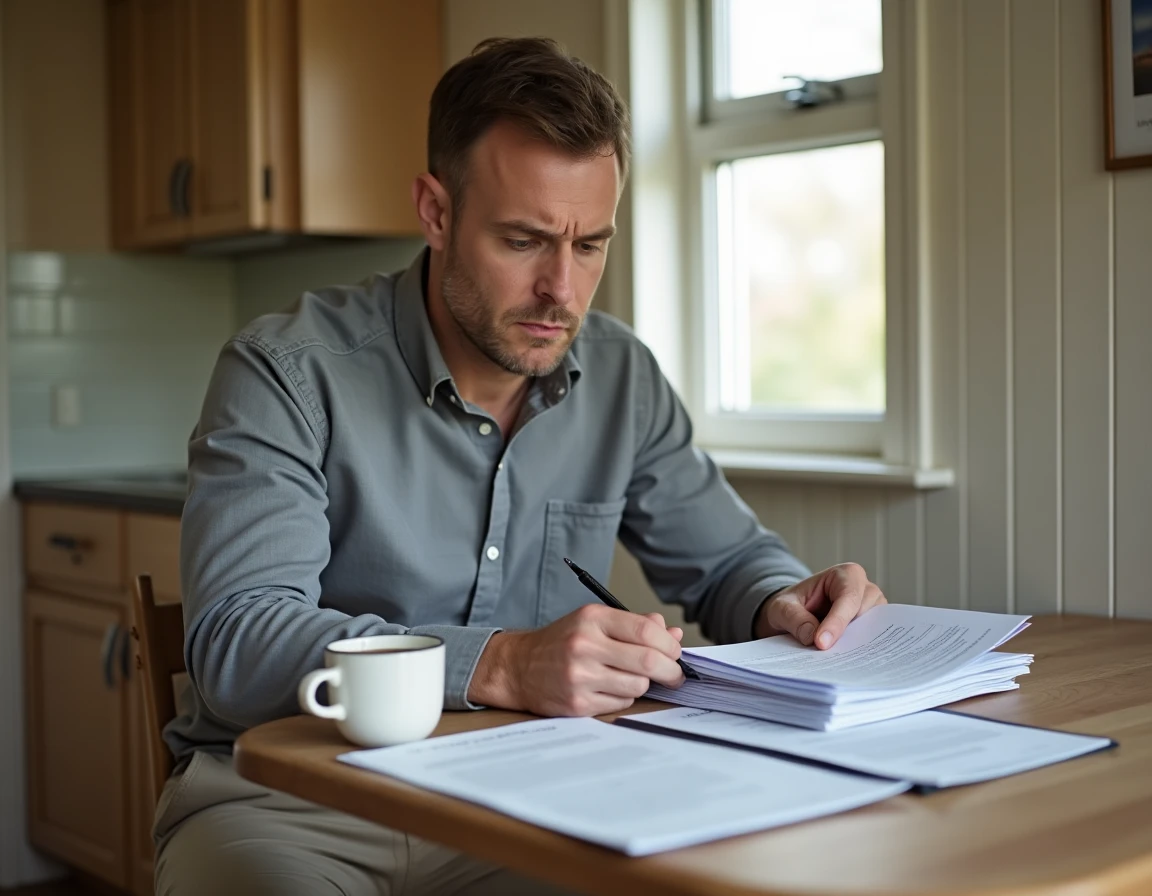 Homme lisant attentivement un contrat de vente de terrain avec mobil home à l'intérieur