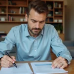 Locataire d'un appartement meublé examinant attentivement des documents de charges locatives à une table en bois