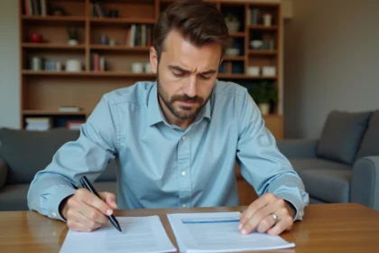 Locataire d'un appartement meublé examinant attentivement des documents de charges locatives à une table en bois