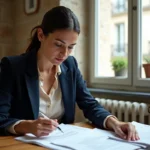 Locataire examinant un contrat de bail en zone tendue dans un appartement parisien