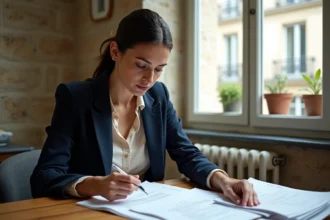 Locataire examinant un contrat de bail en zone tendue dans un appartement parisien