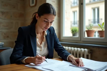Locataire examinant un contrat de bail en zone tendue dans un appartement parisien