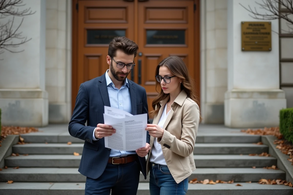 Locataires consultant un document administratif devant une préfecture en zone tendue