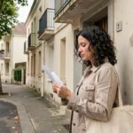 Femme consultant une annonce de location devant un immeuble résidentiel du quartier nord de Villeneuve-Saint-Georges