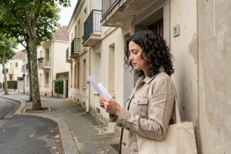Femme consultant une annonce de location devant un immeuble résidentiel du quartier nord de Villeneuve-Saint-Georges