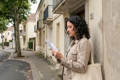 Femme consultant une annonce de location devant un immeuble résidentiel du quartier nord de Villeneuve-Saint-Georges