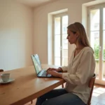 Femme consultant des annonces de location longue durée dans l'Aude sur un ordinateur portable dans un appartement vide au sol en tomettes