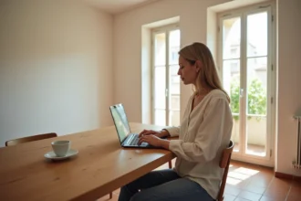 Femme consultant des annonces de location longue durée dans l'Aude sur un ordinateur portable dans un appartement vide au sol en tomettes