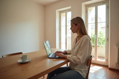 Femme consultant des annonces de location longue durée dans l'Aude sur un ordinateur portable dans un appartement vide au sol en tomettes