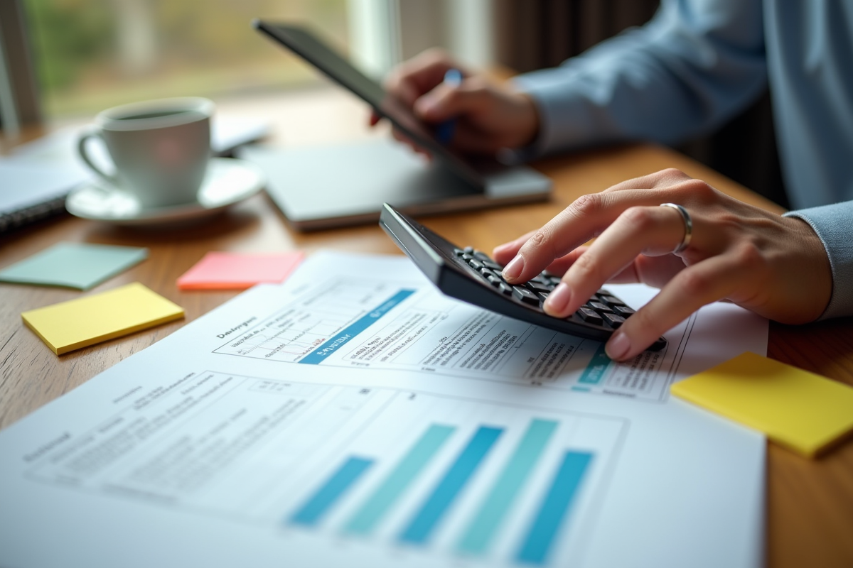 Mains utilisant une calculatrice sur des papiers d