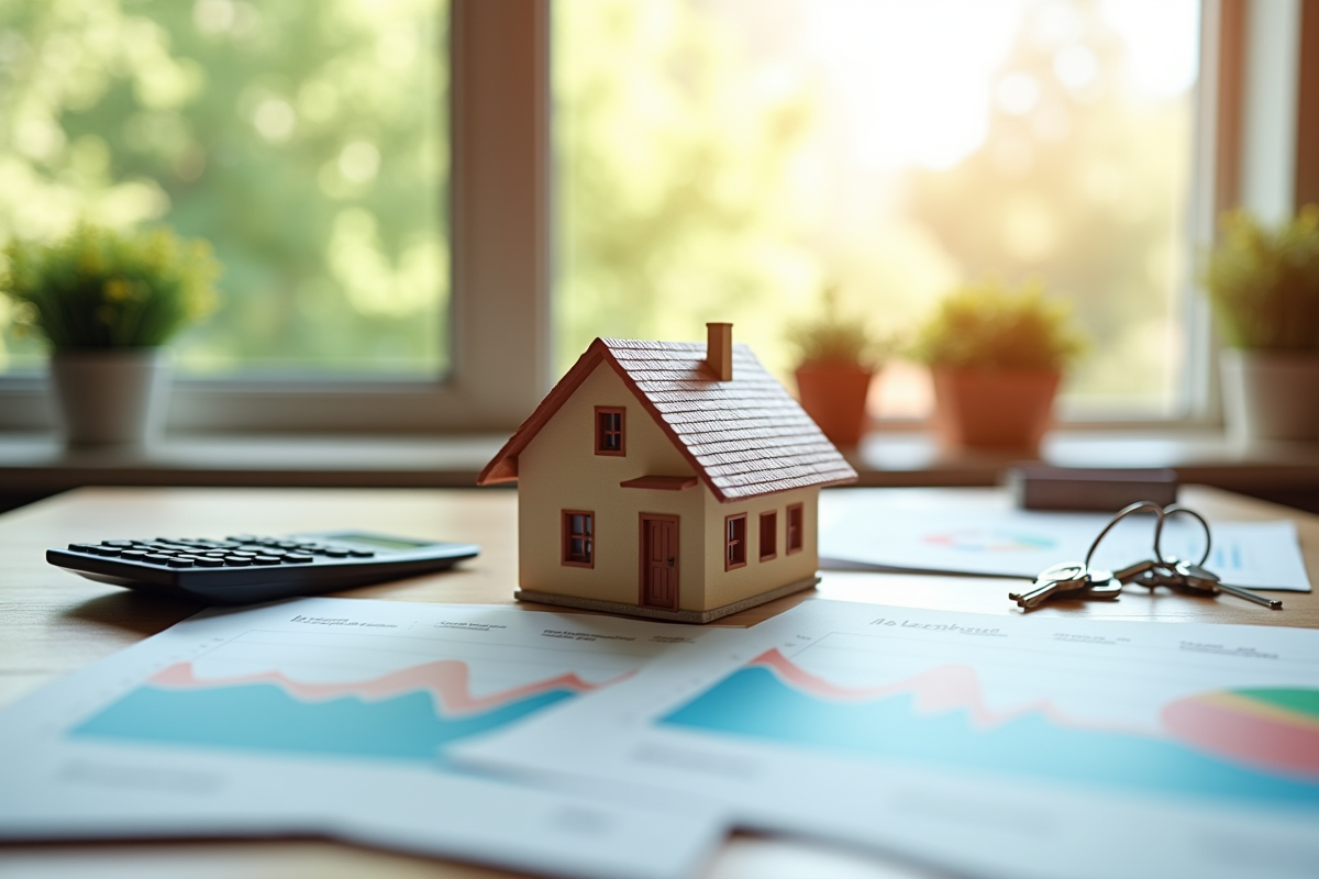 Modèle de maison avec graphiques financiers et clés sur une table
