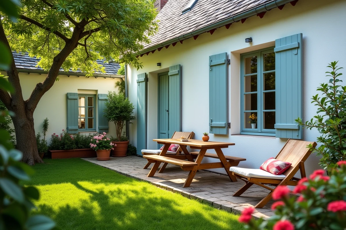 Maison de village avec jardin privatif clos à louer en 71, volets bleus et pelouse entretenue