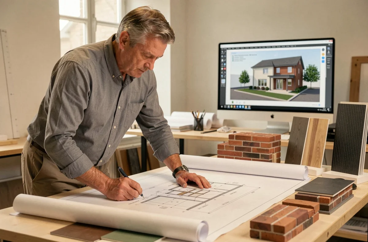 Architecte étudiant des plans de maison sur mesure dans un bureau de conception près de Lille