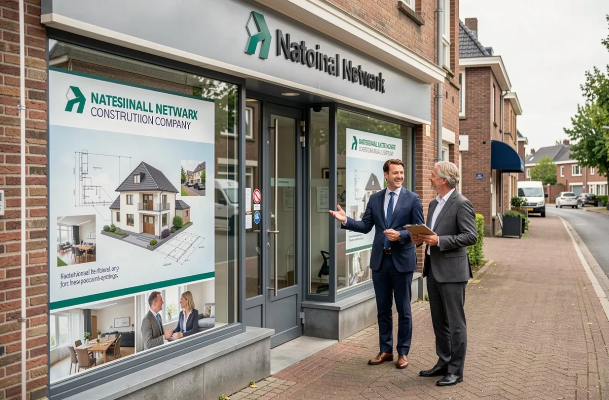 Agence locale d'un réseau national de constructeurs de maisons à Lille avec conseiller accueillant des clients