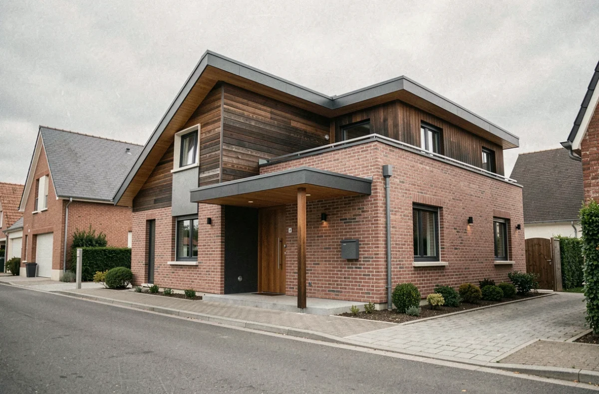 Maison individuelle personnalisée avec toiture mixte et bardage bois dans le Nord de la France
