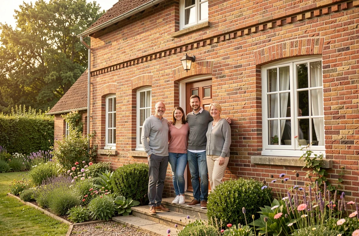 Famille devant une maison individuelle en brique dans les Hauts-de-France, construction régionale