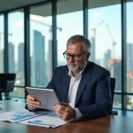 Manager d'affaires en costume bleu analysant des graphiques dans un bureau moderne