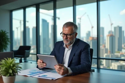 Manager d'affaires en costume bleu analysant des graphiques dans un bureau moderne