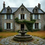 Manoir breton abandonné avec façade en granit couverte de lierre et cour pavée envahie par la végétation