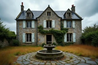 Manoir breton abandonné avec façade en granit couverte de lierre et cour pavée envahie par la végétation