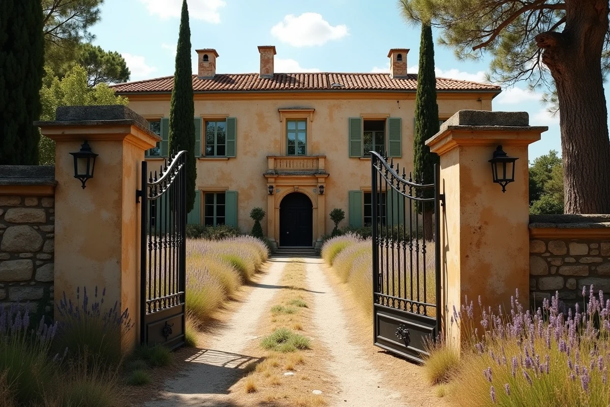Manoir abandonné en Occitanie avec portail en fer forgé et allée de cyprès menant à une bâtisse en pierre calcaire