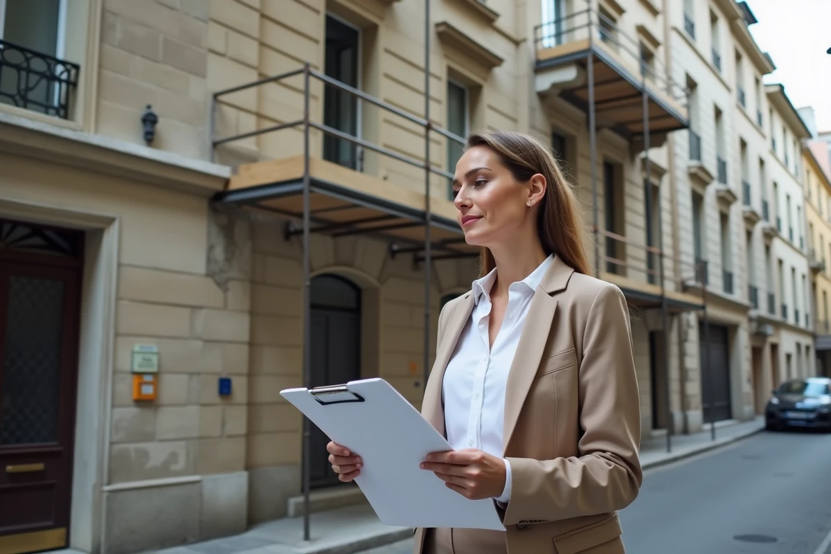 Professionnelle de l'immobilier devant un immeuble en rénovation à Paris, illustrant les enjeux TVA pour les marchands de biens