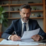 Marchand de biens en costume marine analysant des documents fiscaux liés à la TVA dans un bureau de notaire moderne