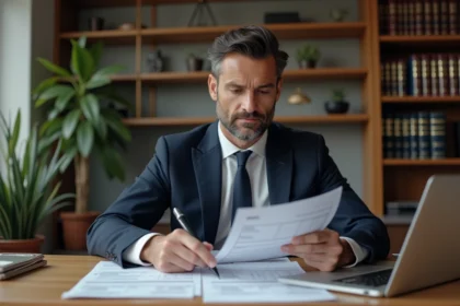 Marchand de biens en costume marine analysant des documents fiscaux liés à la TVA dans un bureau de notaire moderne