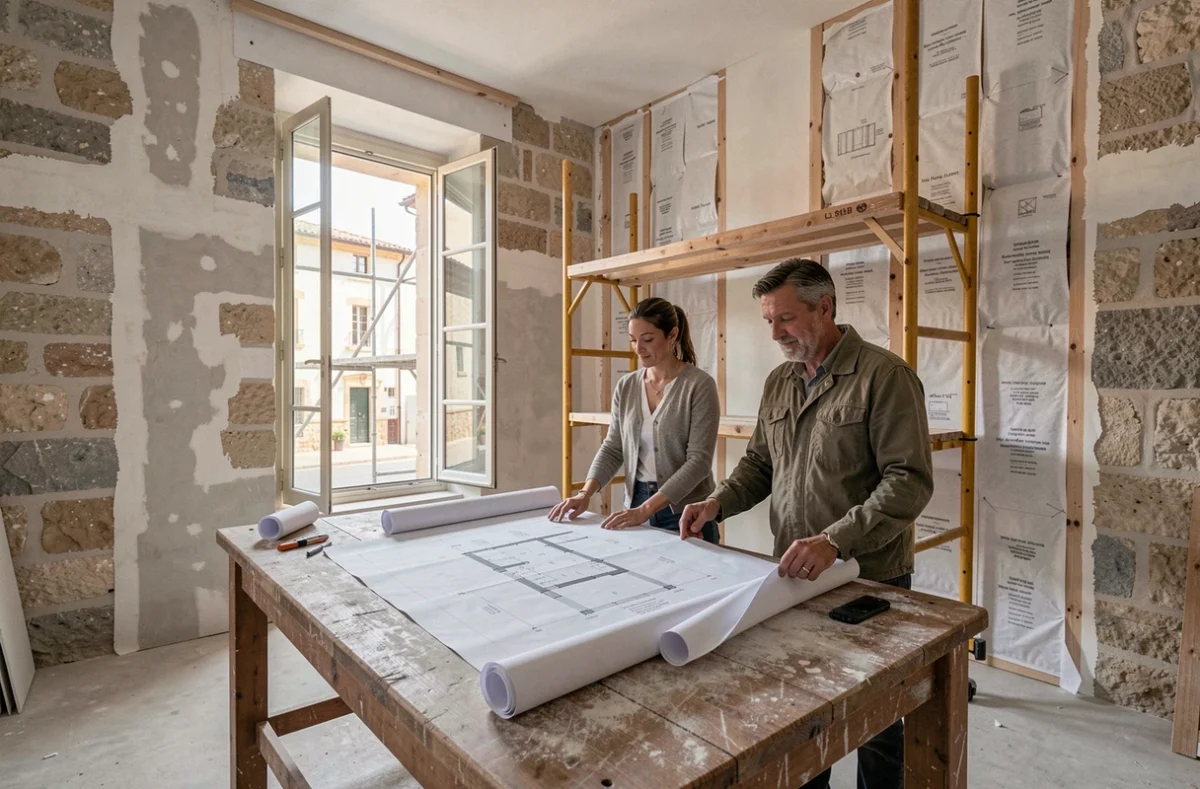Architecte et entrepreneur étudiant les plans d'une rénovation d'ampleur dans une maison de ville à Nîmes pour Mary et Negre SARL Architecture