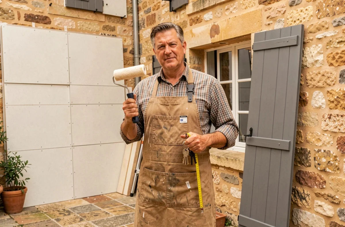 Artisan polyvalent Maurin Yvan devant une maison en pierre de Nîmes avec isolation extérieure posée et travaux de finition en cours