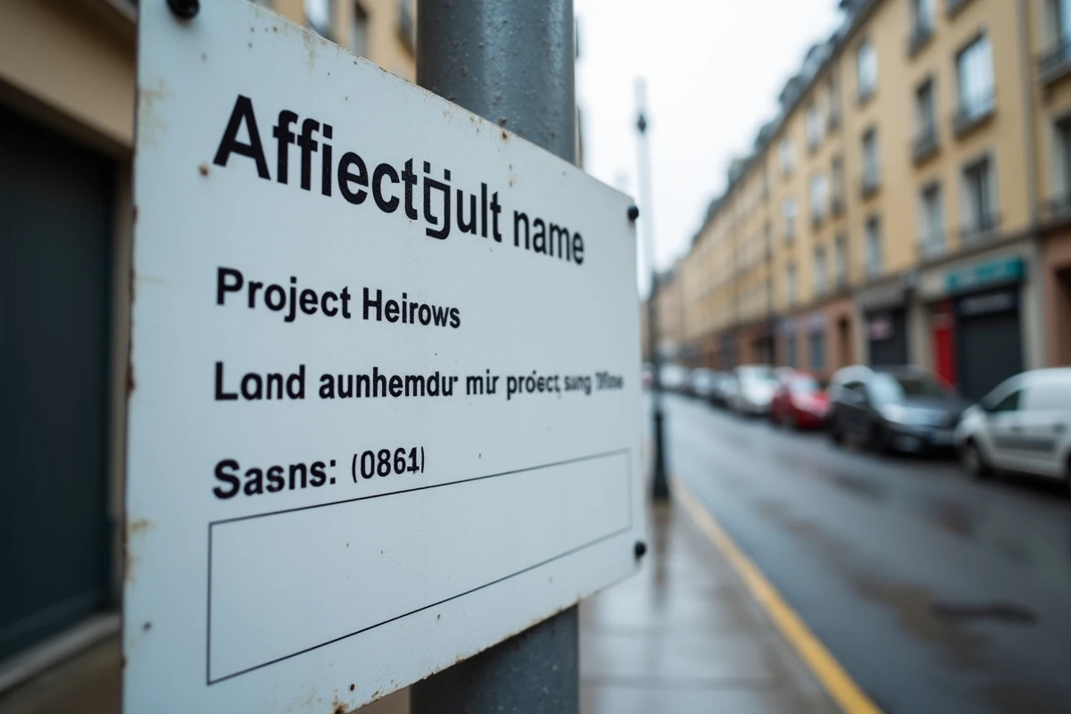 Gros plan sur les mentions légales obligatoires d'un panneau d'affichage de déclaration de travaux en milieu urbain