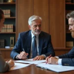 Notaire en costume examinant un contrat immobilier avec un couple