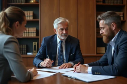 Notaire en costume examinant un contrat immobilier avec un couple