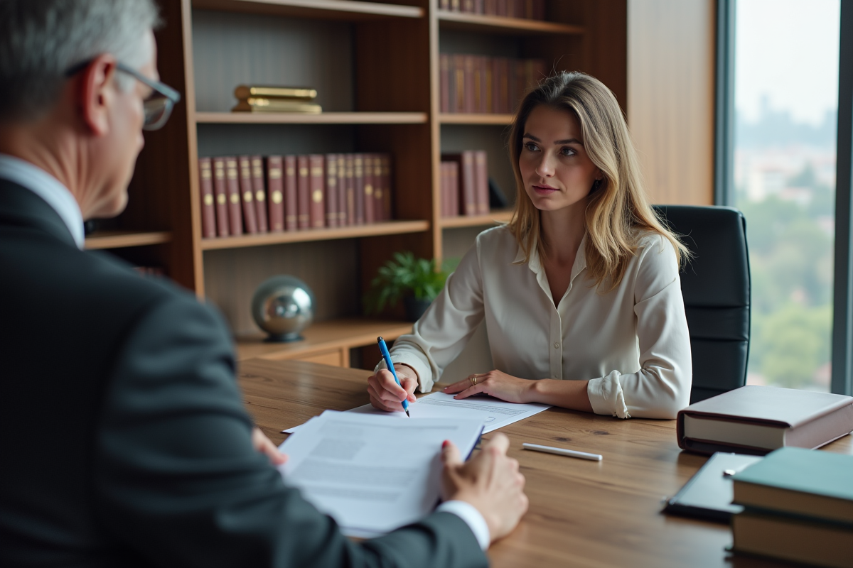 Jeune femme consultante avec un notaire dans un bureau professionnel