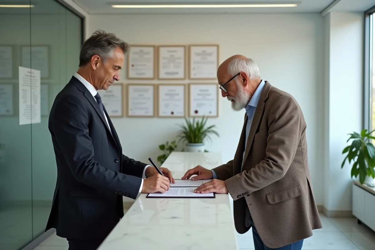 Notaire expliquant les frais et clauses d'un contrat viager à un client senior dans un cabinet moderne